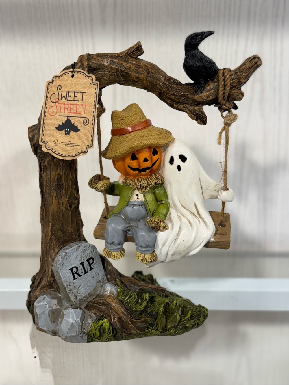 Halloween Pumpkin Scarecrow & Ghost Swing Figurine - Orange/White